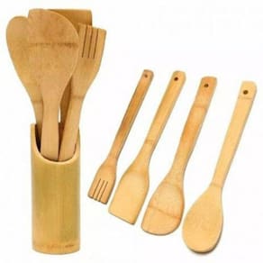 Kit Com 4 Talheres De Bambu Com Suporte - 5 Peças