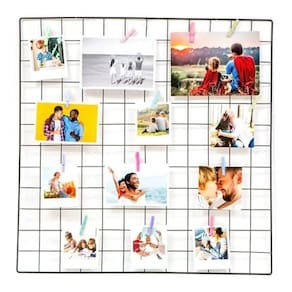 Memory Board Painel de Fotos Tela Aramada 60x60 Preto + Prendedores e Clipes