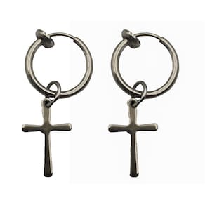 Brinco Masculino Argola Falso Pressão com Pingente Cruz 1 par