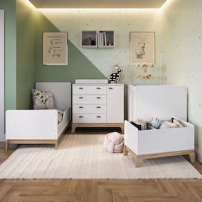 Quarto de Bebê Gêmeos com 2 Berços Cômoda Caixa de Brinquedos e 2 Nichos Favo de Marrom Completa Móveis Branco