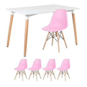 Mesa Retangular 80 X 120 Cm Branco + 4 Cadeiras Rosa Claro