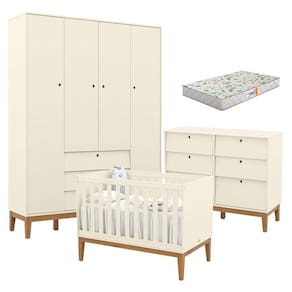 Quarto de Bebe Unique 4 Portas com Cômoda 6 Gavetas Off White Eco Wood e Colchão Gazin - Matic