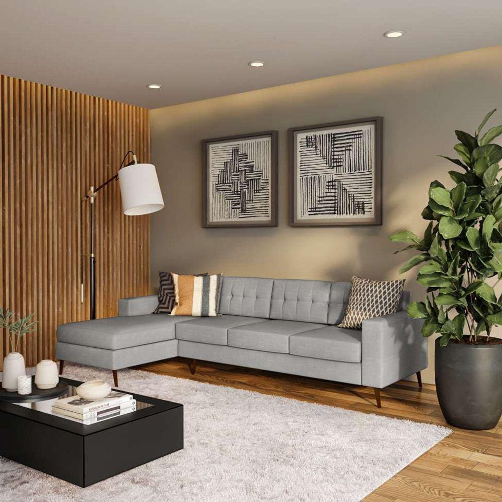 sofá 4 lugares calmness com chaise esquerdo pé palito linho cotton cinza