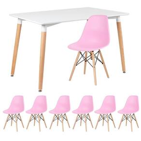 Mesa Retangular 80 X 120 Cm Branco + 6 Cadeiras Rosa Claro