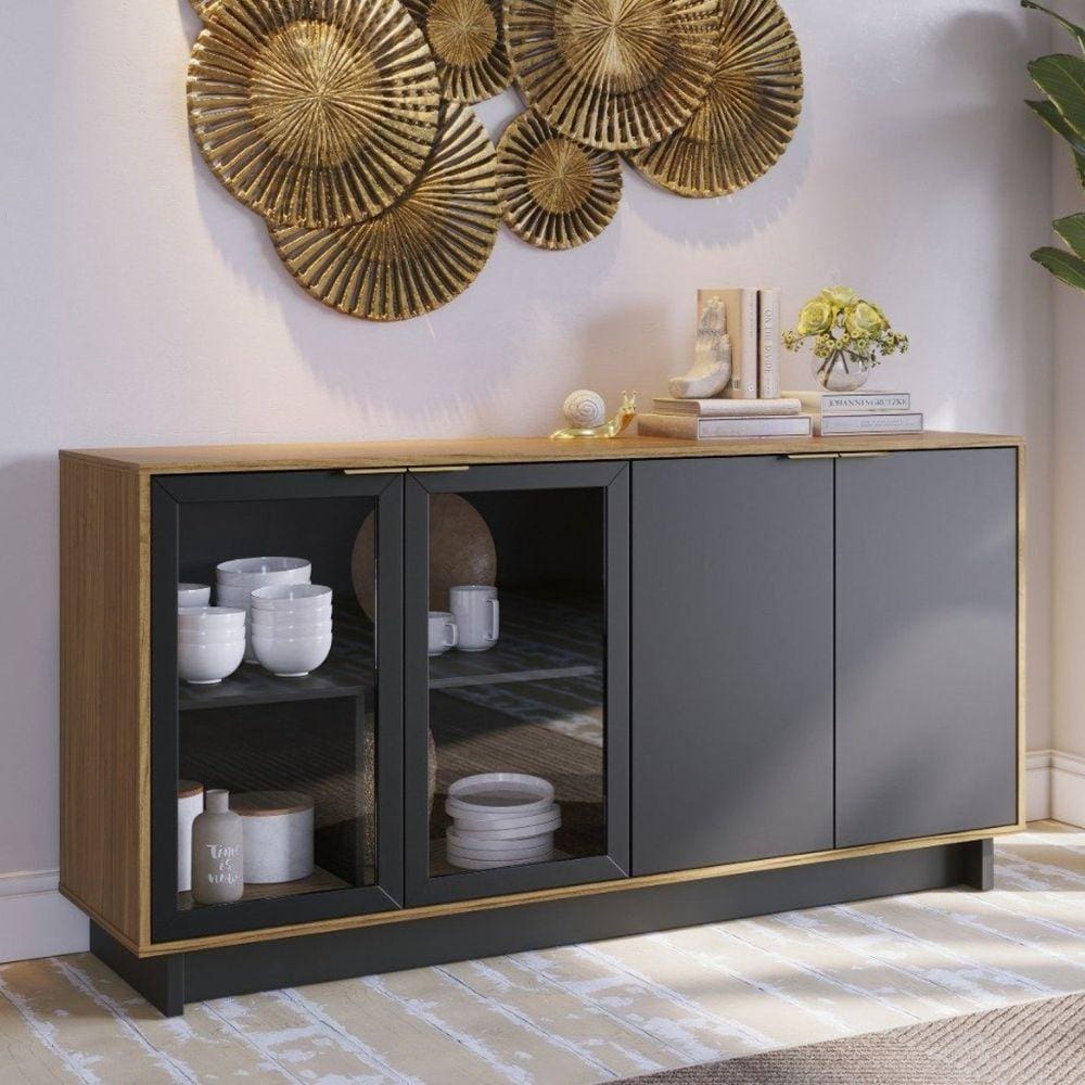 Buffet 4 Portas 160cm Vitória Colibri Noce Milano/Preto Fosco