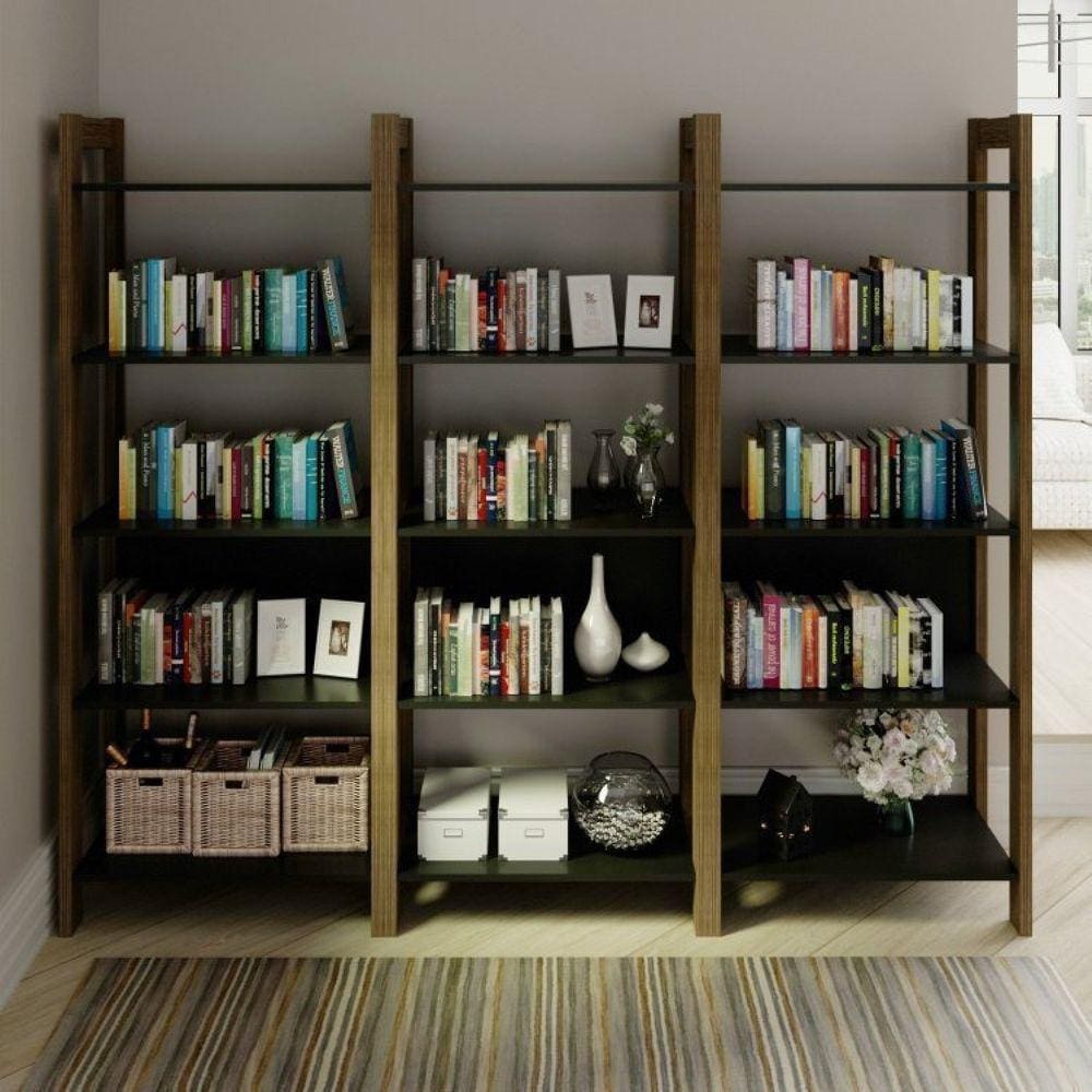 Conjunto 3 Estantes para Livros 15 Prateleiras Biblioteca AZ Premium Espresso Móveis Preto/Nogal