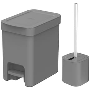 Conjunto de Banheiro Lixeira de Pedal Com Aro Interno 6L e Escova Sanitária com Suporte OU Cinza.