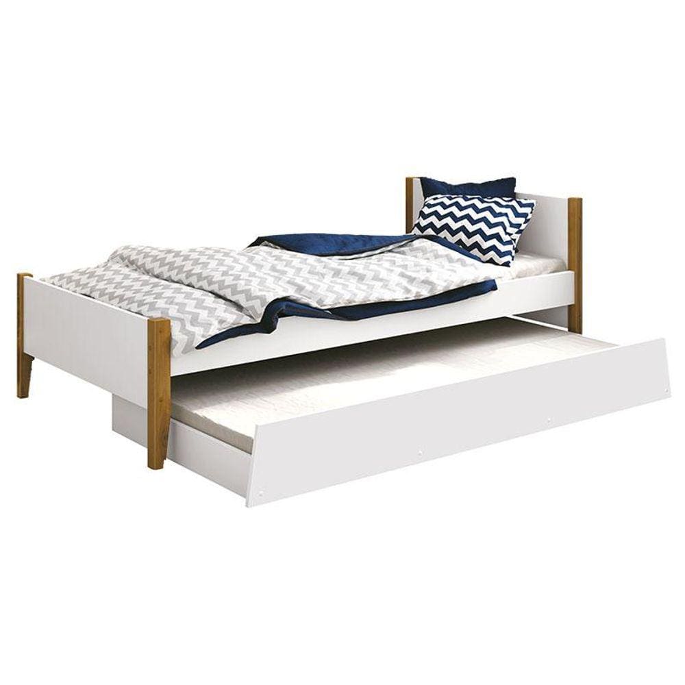 Cama Solteiro com Auxiliar Simba Branco Acetinado com Pés Madeira - Reller