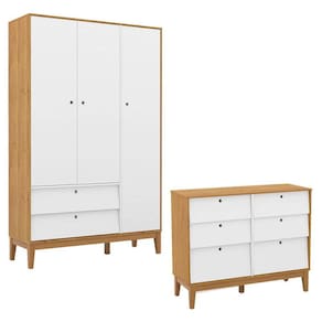 Cômoda 6 Gavetas e Guarda Roupa Unique 3 Portas Freijó Branco Soft Eco Wood - Matic