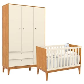 Berço Americano e Guarda Roupa Unique 3 Portas Freijó Off White Eco Wood - Matic
