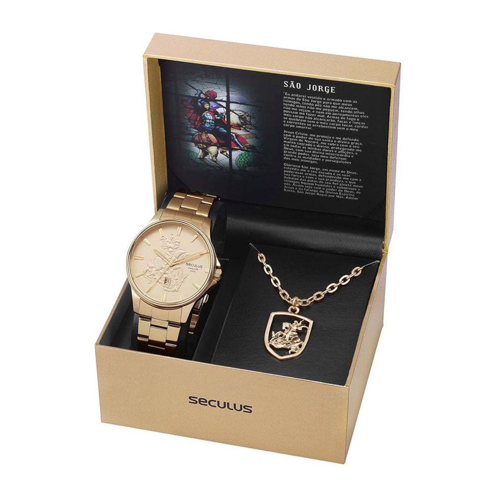 Kit Relógio Aço Dourado e Colar São Jorge