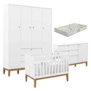 Quarto de Bebe Unique 4 Portas com Cômoda Sapateira Branco Soft Eco Wood e Colchão Gazin - Matic