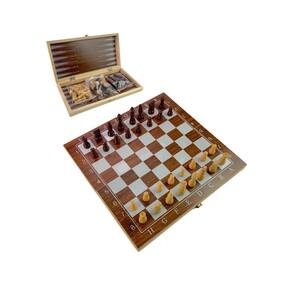 Jogo de Xadrez Dama Gamão Dobrável Tabuleiro em Madeira 29cm