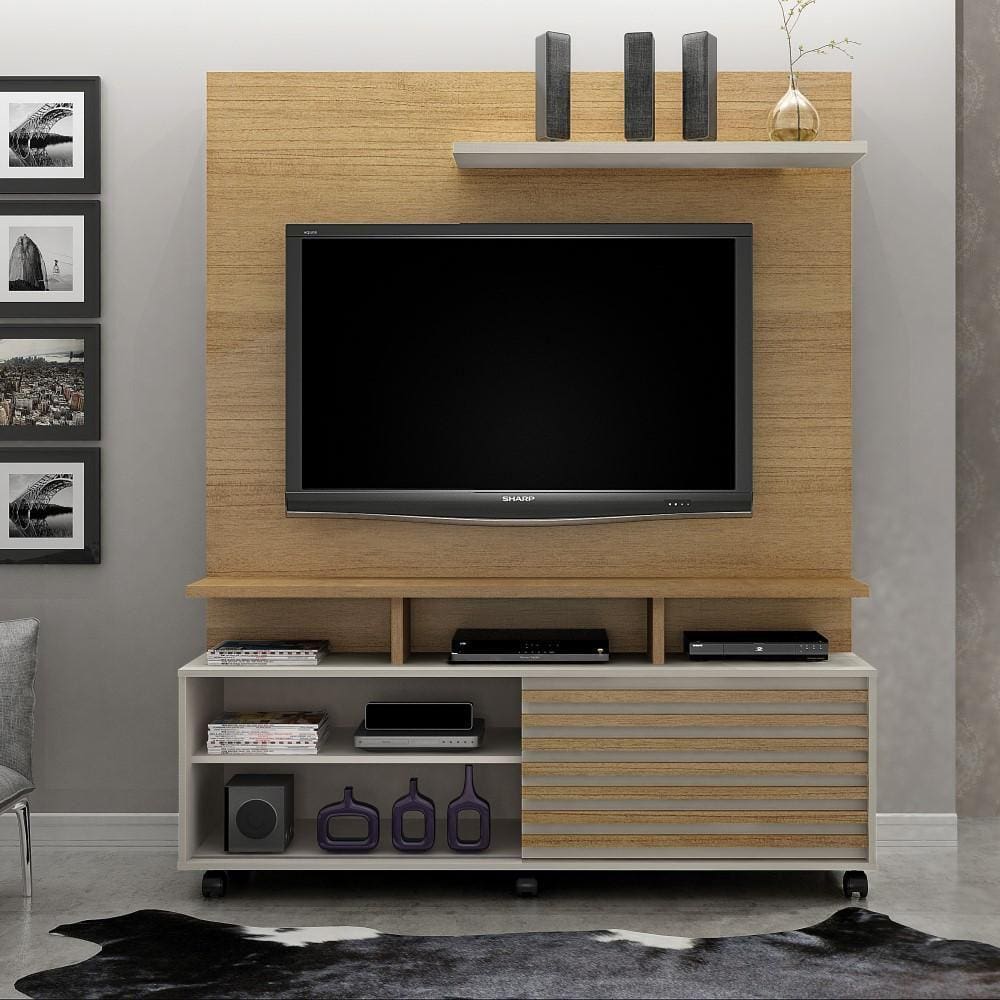 ES | Home Theater Rack TV 60 Polegadas Sala de Estar 1 Porta 3 Prateleiras MDF Marrom Madeira Off White