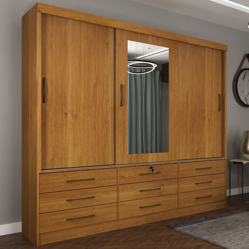Guarda-roupa Casal Chicago 3 Portas 9 Gavetas Com Espelho Cinamomo - Tcil Móveis