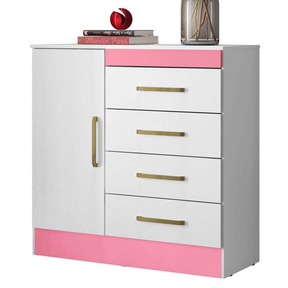 Cômoda Para Quarto  Flex 1 Porta 4 Gavetas Montevideu D02 Branco/Rosa/Branco - Mpozenato
