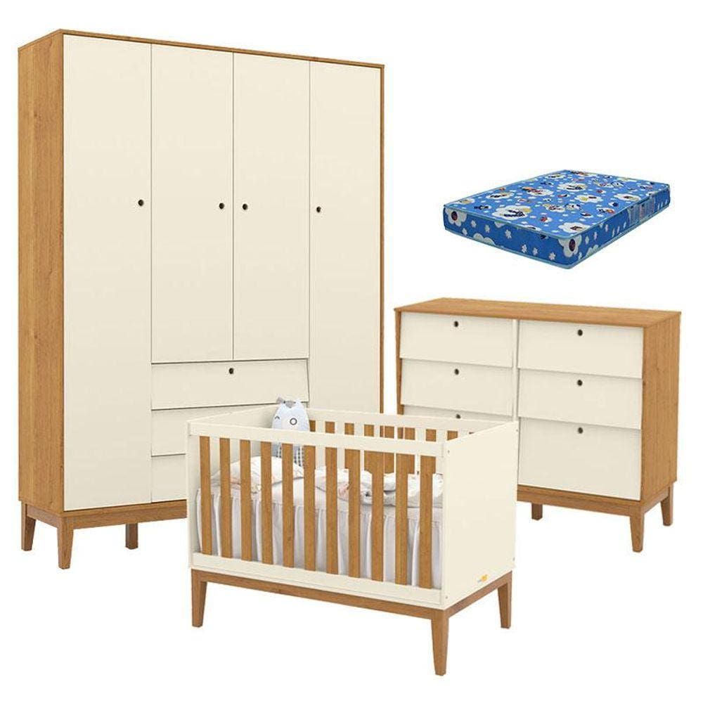 Quarto de Bebe Unique 4 Portas com Cômoda 6 Gavetas Off White Freijó Eco Wood e Colchão Ortobom - Matic