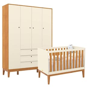 Berço Americano e Guarda Roupa Unique 4 Portas Off White Freijó Eco Wood - Matic