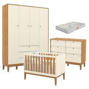 Quarto de Bebe Unique 4 Portas com Cômoda 6 Gavetas Off White Freijó Eco Wood e Colchão Gazin - Matic