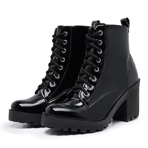 Bota Coturno Feminino Salto Medio Tratorada Macia Confortavel Verniz