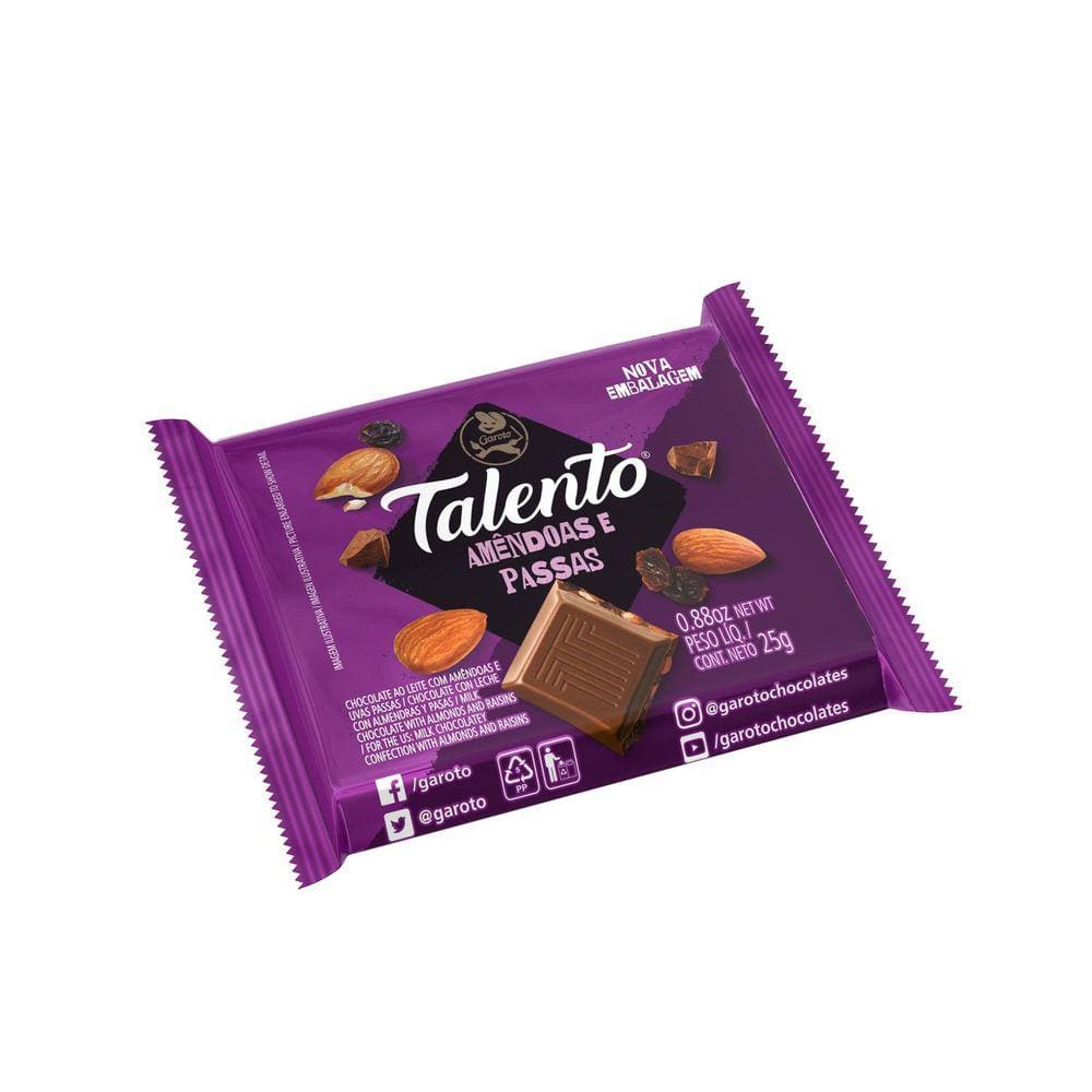 Tablete Chocolate Talento Leite Amêndoas e Passas 25g - Nestlé