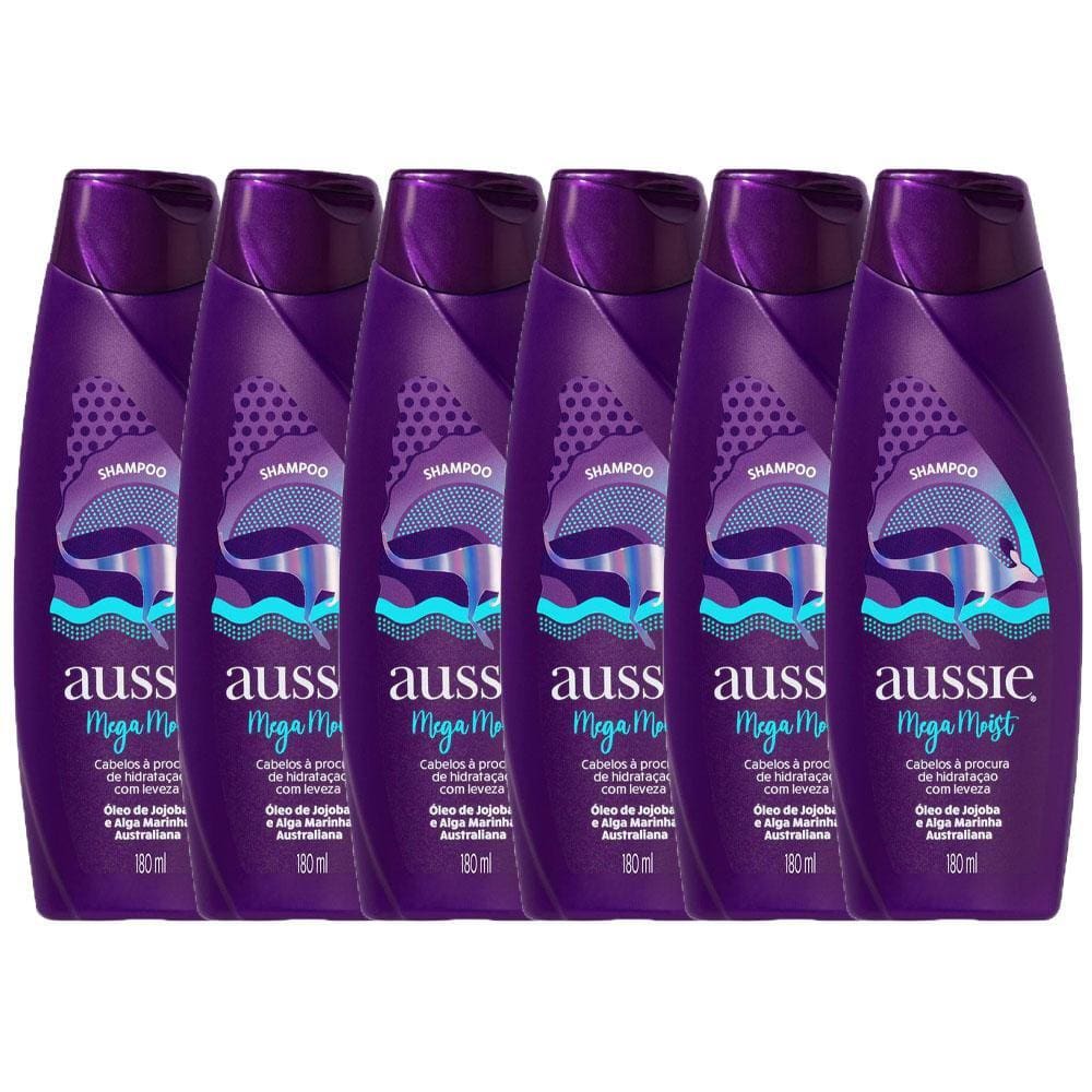 Kit com 6 Shampoos Aussie Mega Moist Super Hidratação 180ml