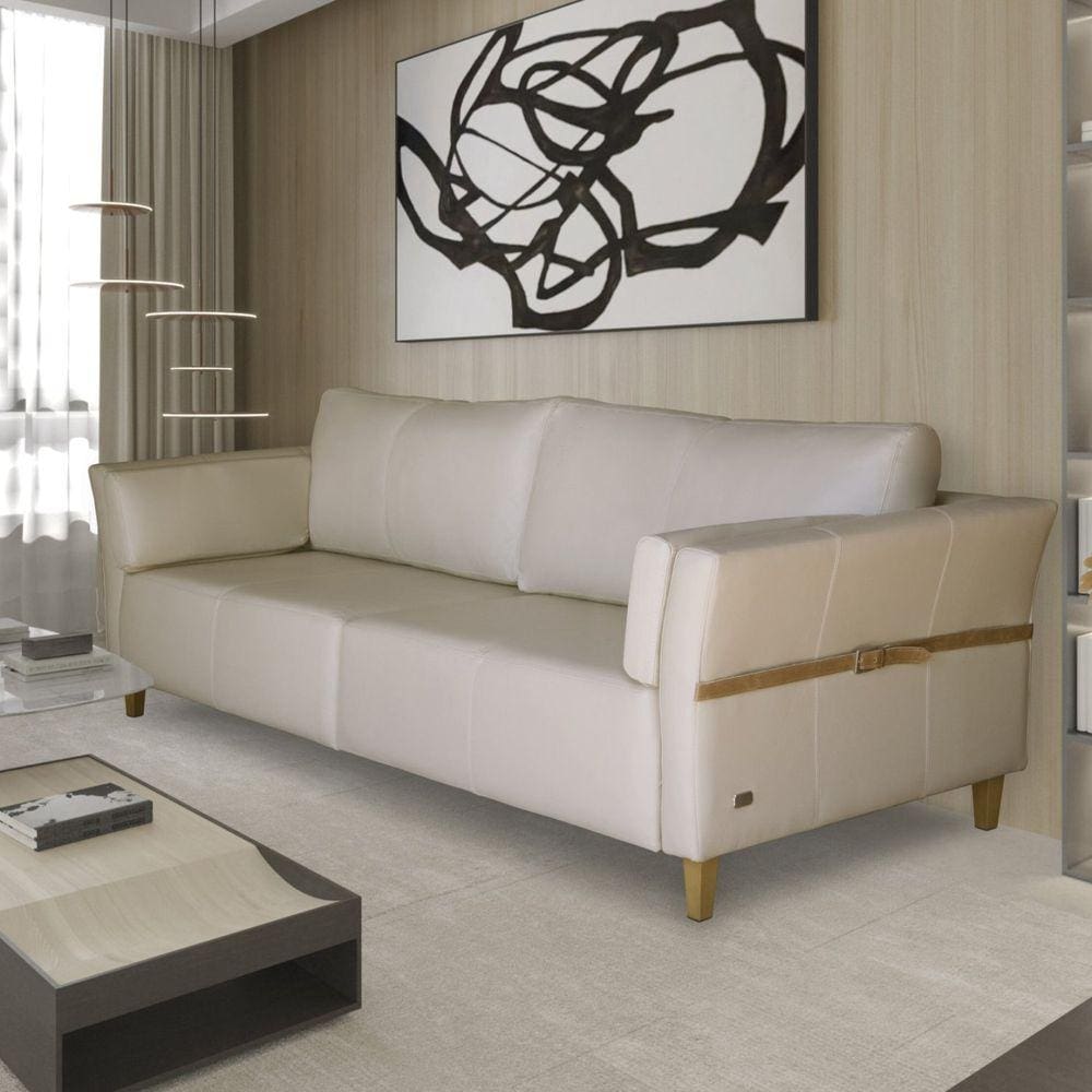 Sofá 3 Lugares 220cm Couro Legítimo Malibu Scala Decor Bege 66