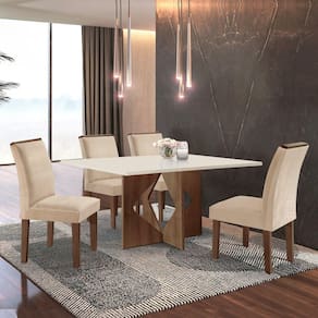 Conjunto Sala de Jantar Mesa Laura Tampo Dakota Plus 120x80cm com 4 Cadeiras Laura Yescasa Chocolate/Off White/Suede Pena
