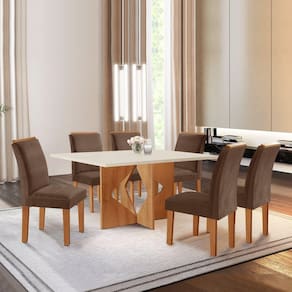 Conjunto Sala de Jantar Mesa Laura Tampo Dakota Plus 160X80cm com 6 Cadeiras Laura Yescasa Cinamomo/Off White/Suede Animale