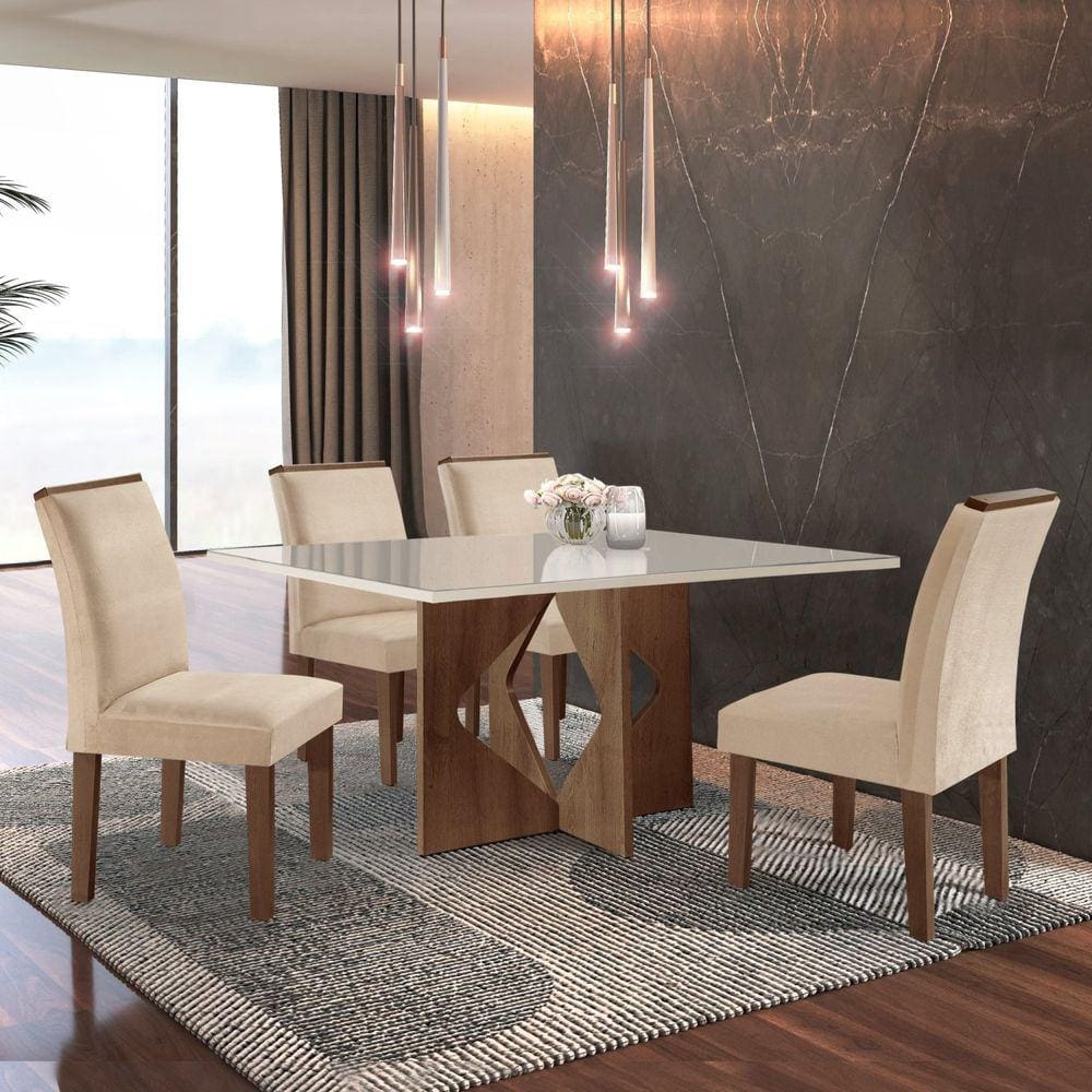 Conjunto Sala de Jantar Mesa Laura Tampo Dakota Plus Vidro 120x80cm com 4 Cadeiras Laura Cel Móveis Chocolate/Off White/Suede Pena