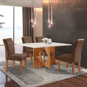 Conjunto Sala de Jantar Mesa Laura Tampo Dakota Plus 120x80cm com 4 Cadeiras Laura Yescasa Cinamomo/Off White/Suede Animale