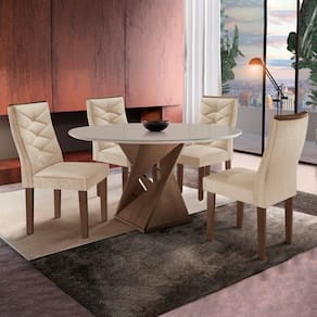 Conjunto Sala de Jantar Mesa Tampo Redondo 100x100cm com 4 Cadeiras Barcelona Yescasa Chocolate/Off White/Suede Pena