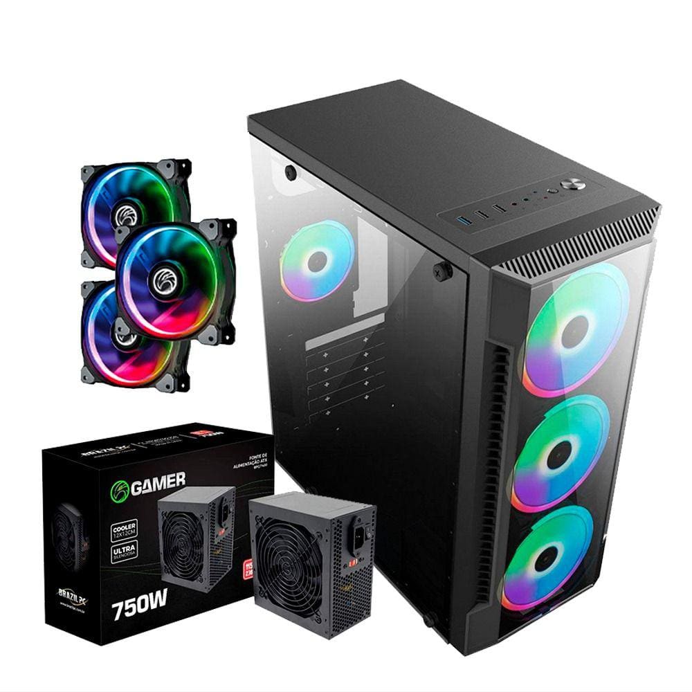 Gabinete Gamer + Fonte 750w + Kit 3 Cooler Gamer - Brazilpc- C/ Lateral de Vidro