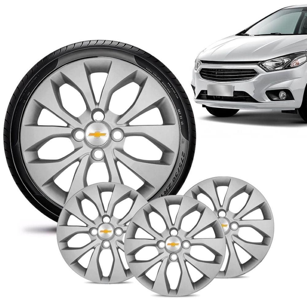 Jogo 4 Calota Chevrolet GM Onix 2017 18 19 Aro 14 Prata Emblema Prata