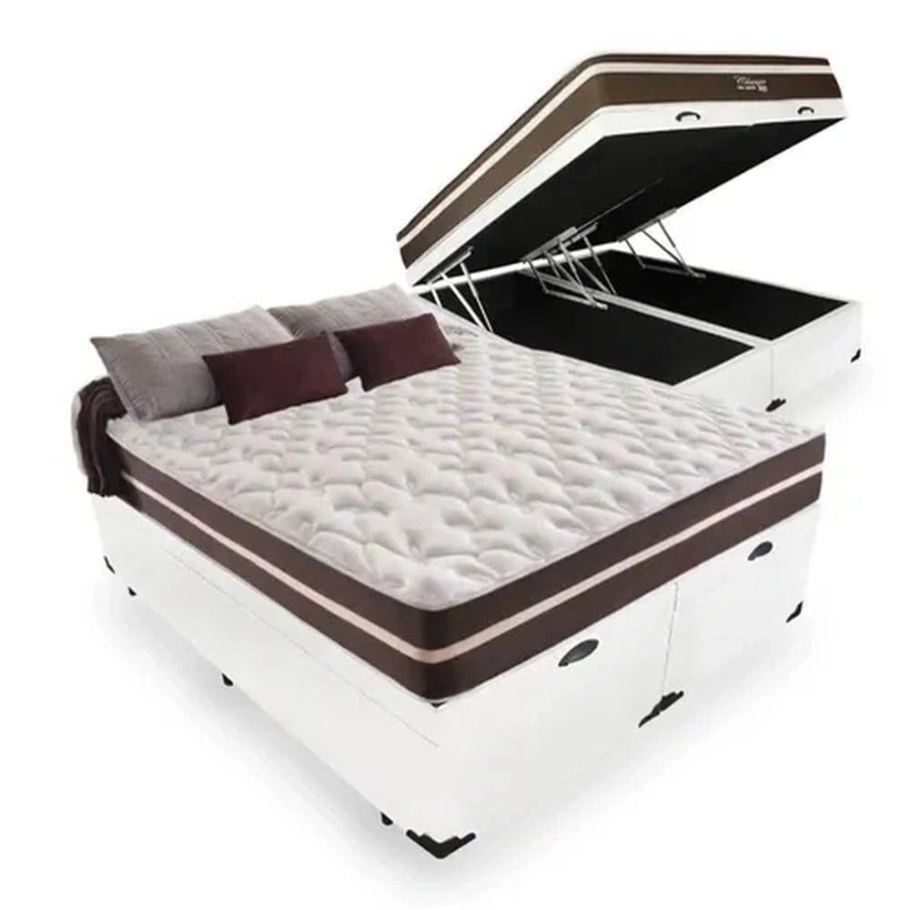 Cama Box Baú Casal 138 Bipartido Tecido Sintético Branco com Colchão Little Angel - Bello Box - Mola Superlastic
