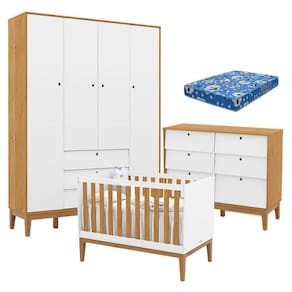 Quarto de Bebe Unique 4 Portas com Cômoda 6 Gavetas Branco Soft Freijó Eco Wood e Colchão Ortobom - Matic
