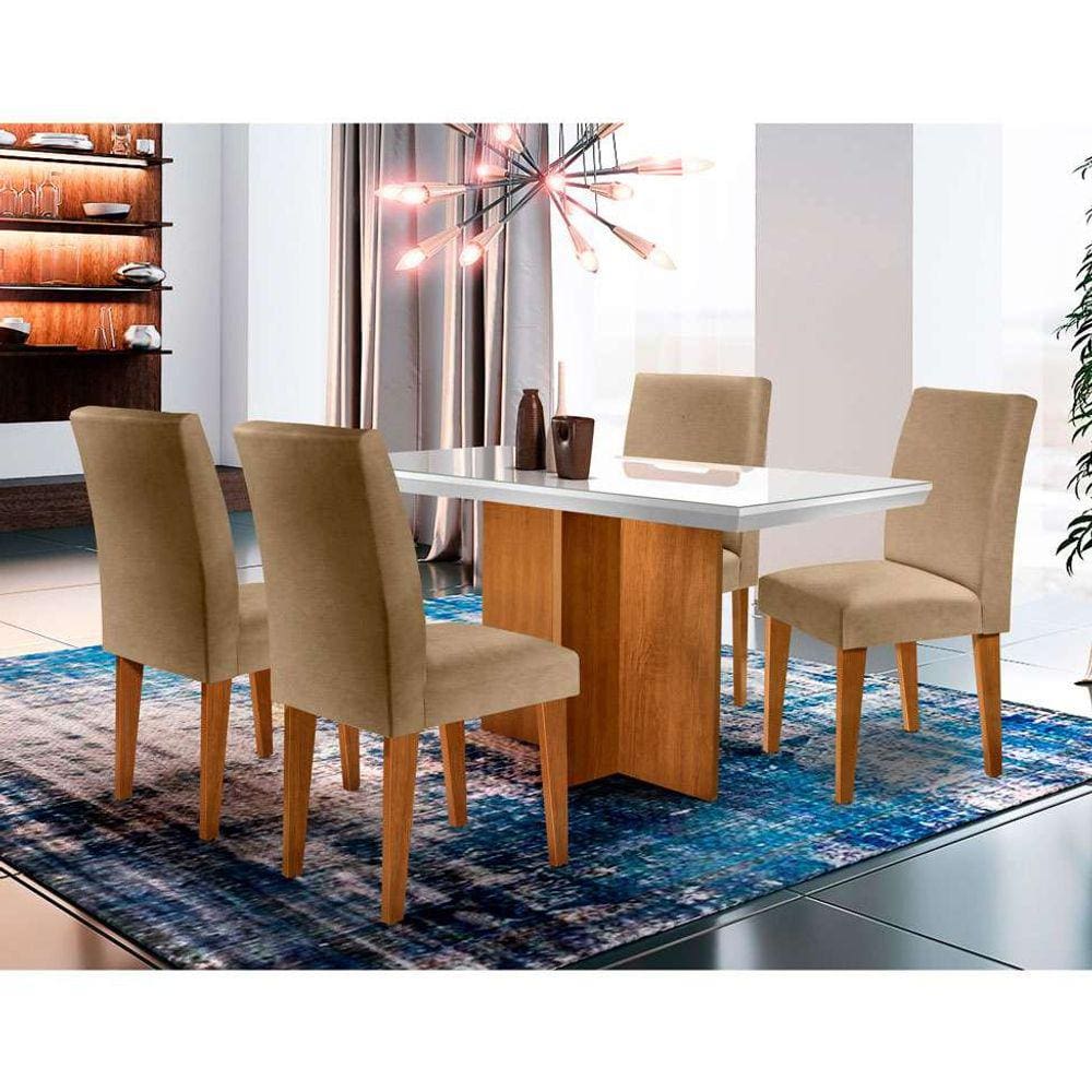 Conjunto de Mesa de Jantar com 6 Cadeiras Lívia Linho Off White e Turim 200  cm