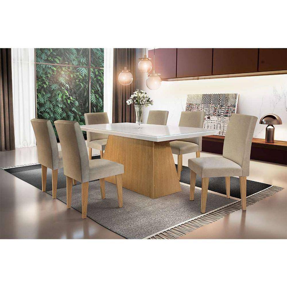 Conjunto de Mesa de Jantar com 6 Cadeiras Lívia Linho Off White e Turim 200  cm