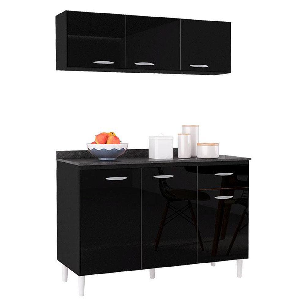 Balcão de Cozinha com Tampo e Armário Aéreo 120 cm Preto - Poquema