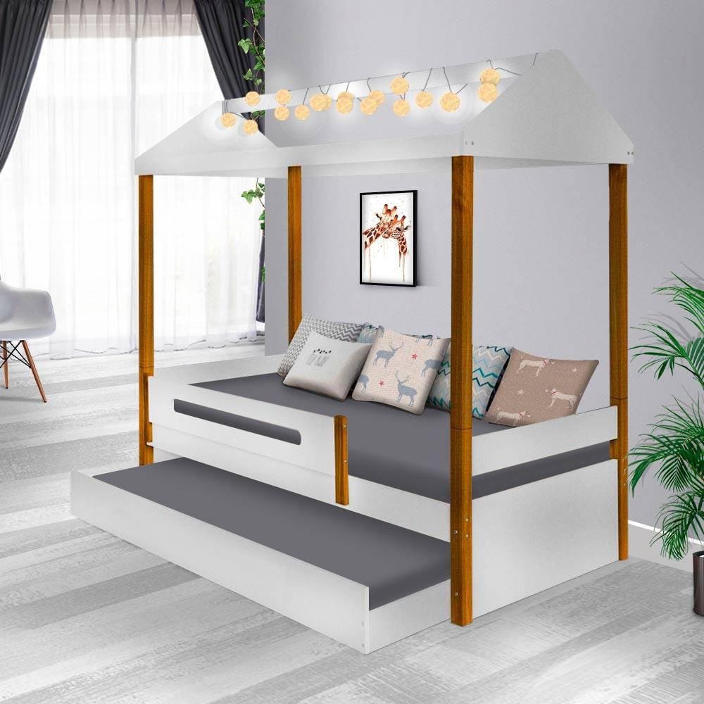 Bicama Solteiro Casa Montessoriana Com Led Sara Branco E Marrom - Branco