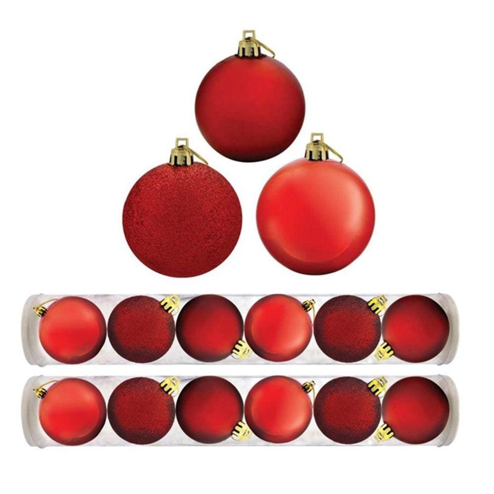 Kit 12 Bolas Natal Mista Glitter, Fosca, Lisa Vermelha 7cm - Riomaster
