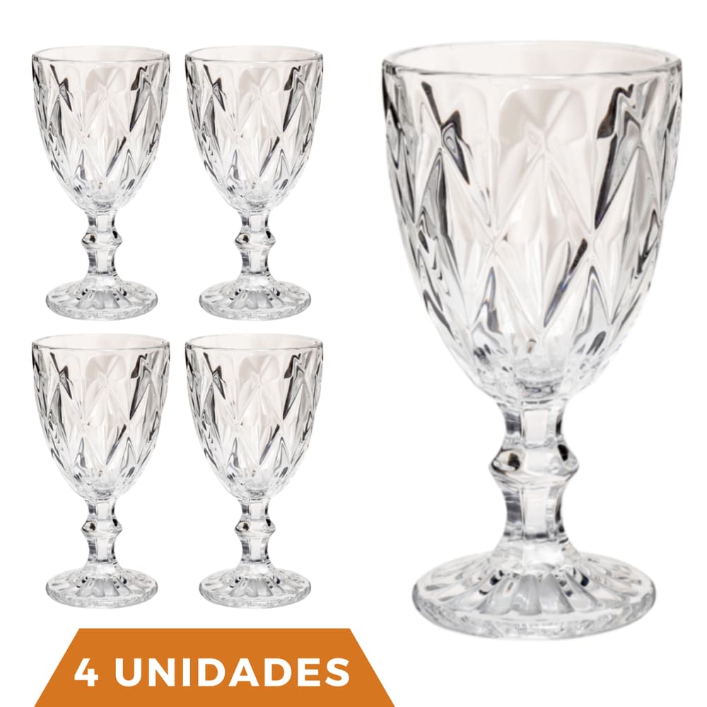 4 Copos Transparente Taças Diamante 300ml Para Agua Vinho