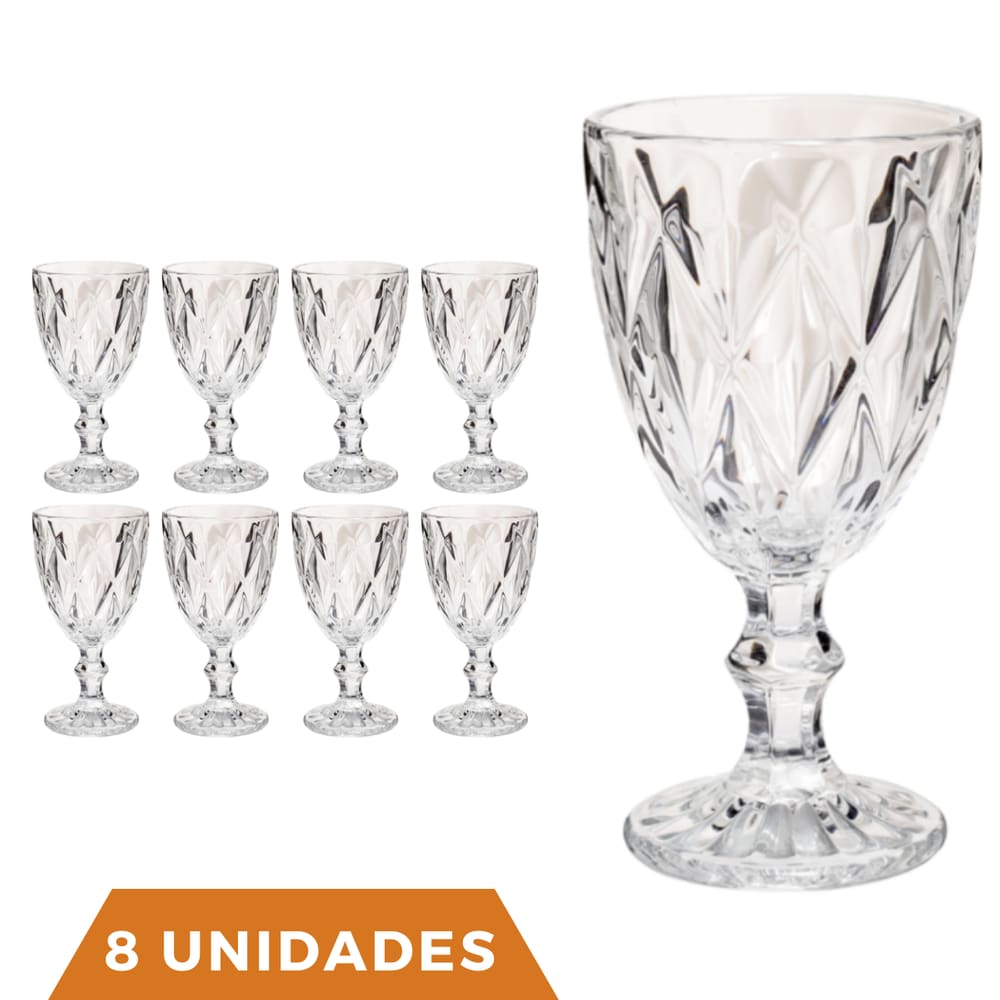 8 Copos Transparente Taças Diamante 300ml Para Agua Vinho