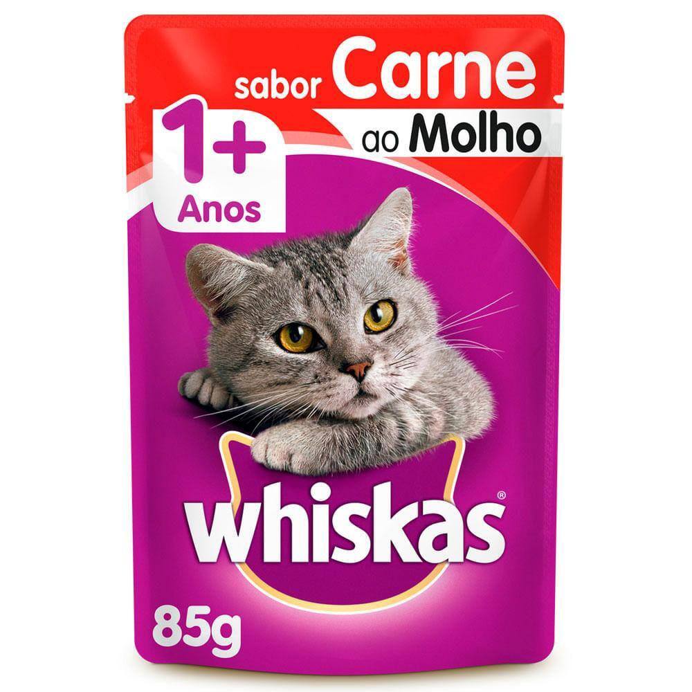 10 Unidades - Ração Úmida Whiskas Carne ao Molho Gatos Adultos 85g