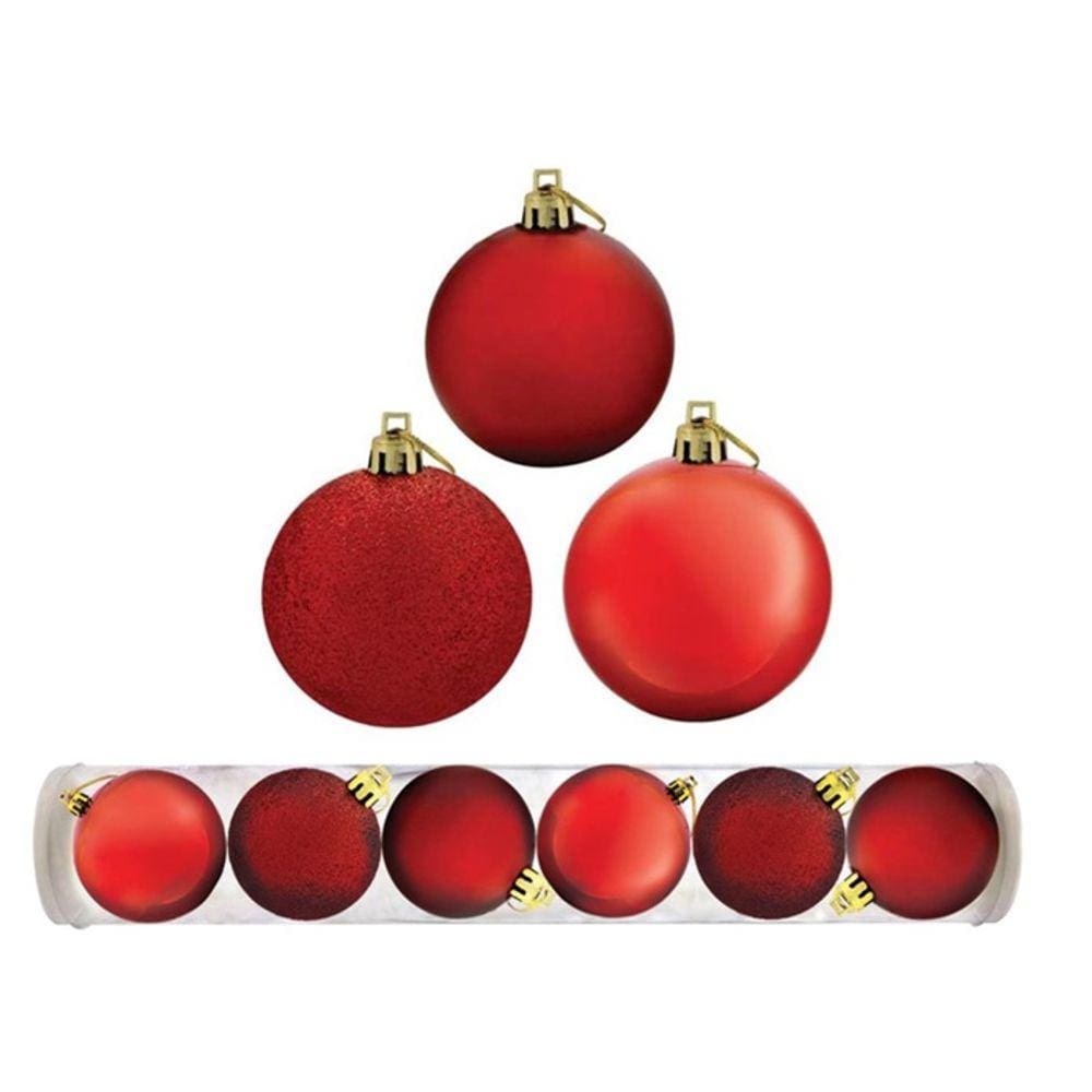 Kit 6 Bolas Natal Mista Glitter, Fosca, Lisa Vermelha 7cm - Riomaster