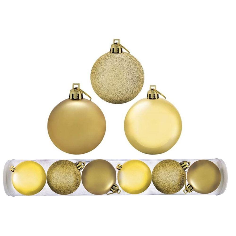 Kit 6 Bolas Natal Mista Glitter, Fosca, Lisa Dourada 7cm - Riomaster