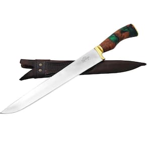 Faca Artesanal 12` Para Churrasco Cabo Híbrido Madeira e Resina Verde Aço Inox Cirúrgico 420c