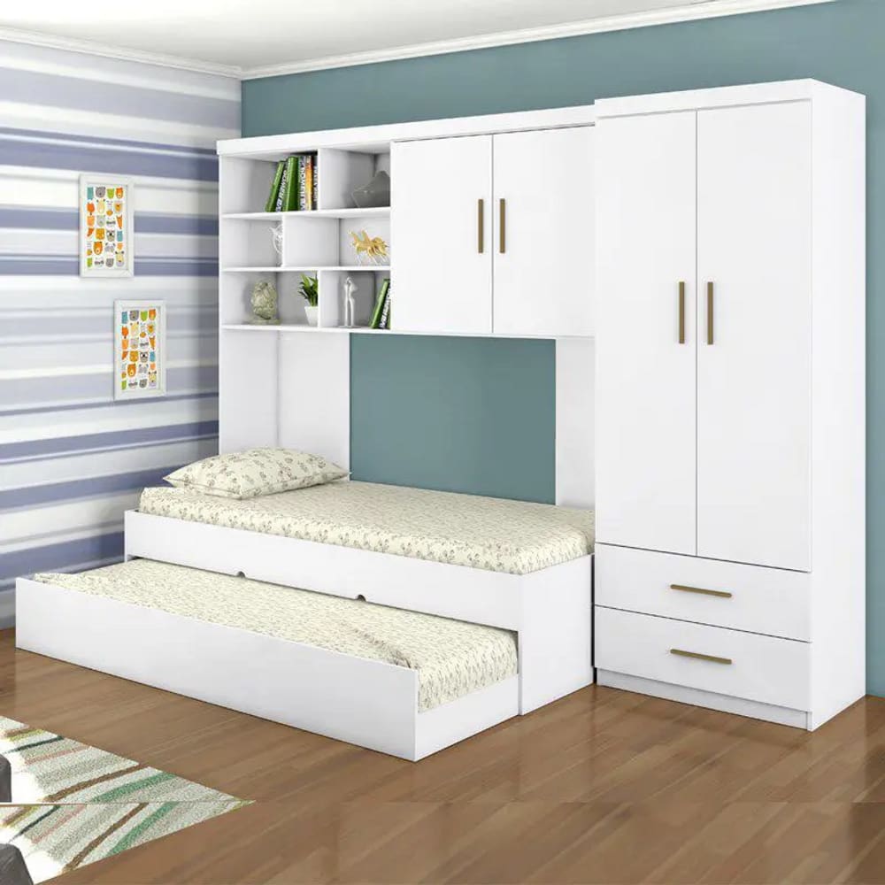Jogo de Quarto Chiara 4 Peças - Roupeiro 2 portas, Módulo Aéreo e Cama com Auxiliar - Phoenix Baby