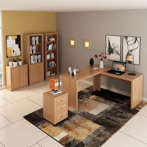 Conjunto Home Office 5 Peças com 1 Mesa 1 Armário 1 Gaveteiro 1 Estante 1 Balcão Espresso Móveis Amendoa