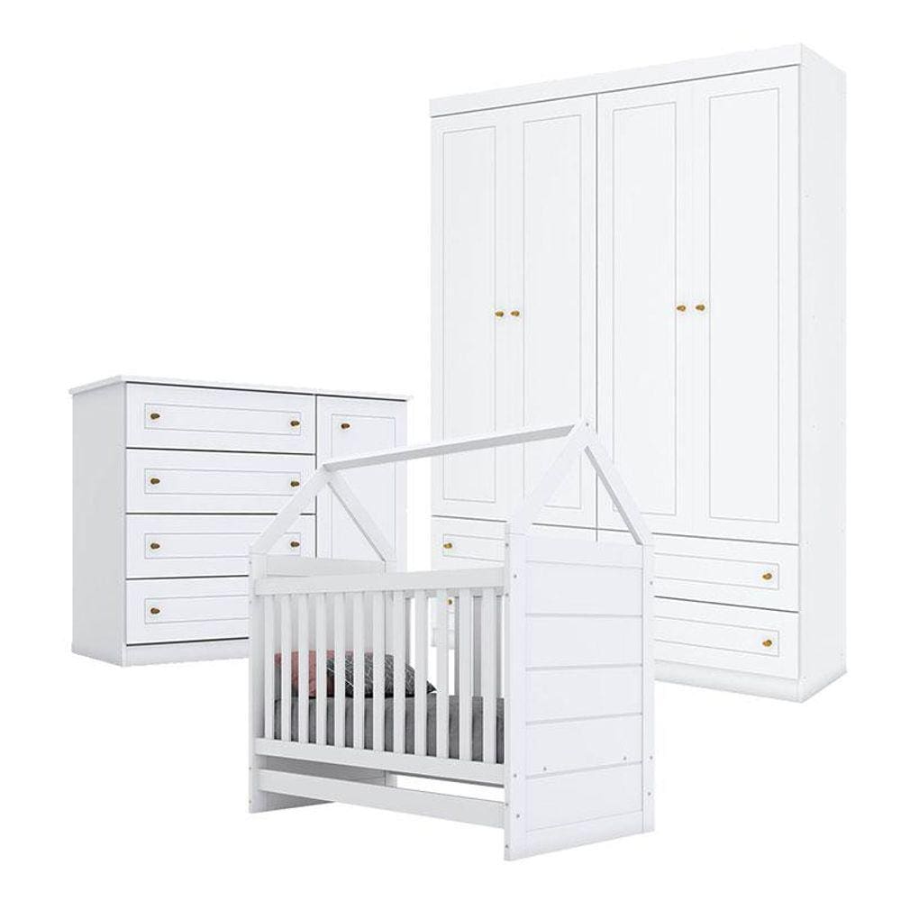 Quarto de Bebê Mississipi 4 Portas com Berço Montessoriano Americano Branco HP - Henn